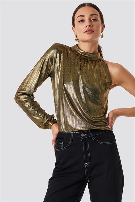 metallic fabric blouses|one shoulder metallic top.